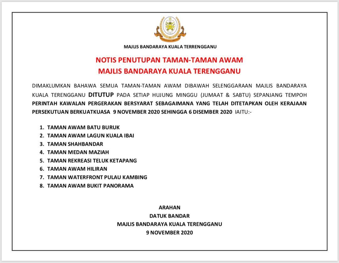 Notis Penutupan Taman-taman Awam Majlis Bandaraya Kuala Terengganu